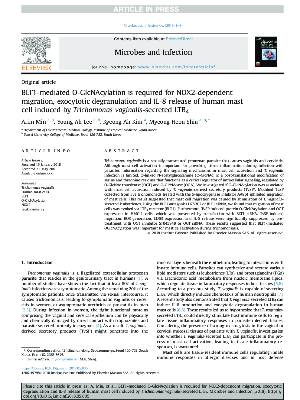 BLT1-mediated O-GlcNAcylation is required for NOX2-dependent migration, exocytotic degranulation and IL-8 release of human mast cell induced by Trichomonas vaginalis-secreted LTB4