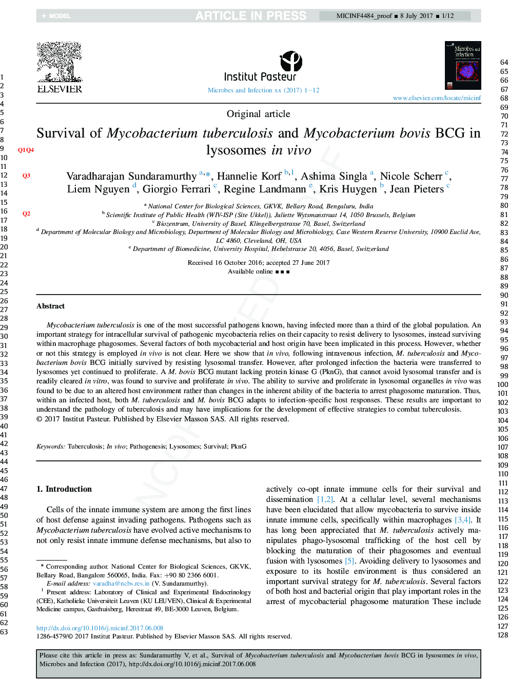 Survival of Mycobacterium tuberculosis and Mycobacterium bovis BCG in lysosomes inÂ vivo