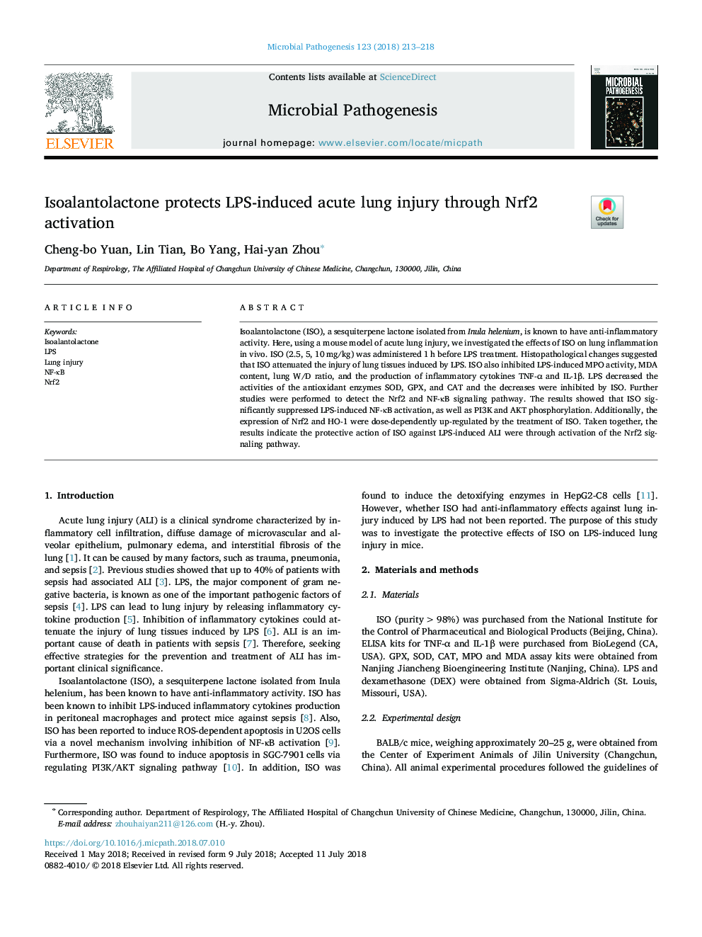 Isoalantolactone protects LPS-induced acute lung injury through Nrf2 activation