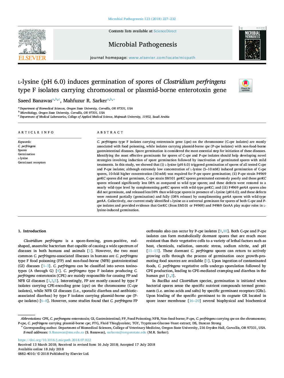 l-lysine (pH 6.0) induces germination of spores of Clostridium perfringens type F isolates carrying chromosomal or plasmid-borne enterotoxin gene