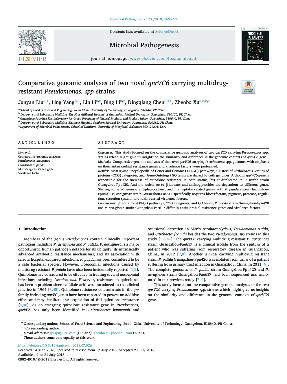 Comparative genomic analyses of two novel qnrVC6 carrying multidrug-resistant Pseudomonas. spp strains