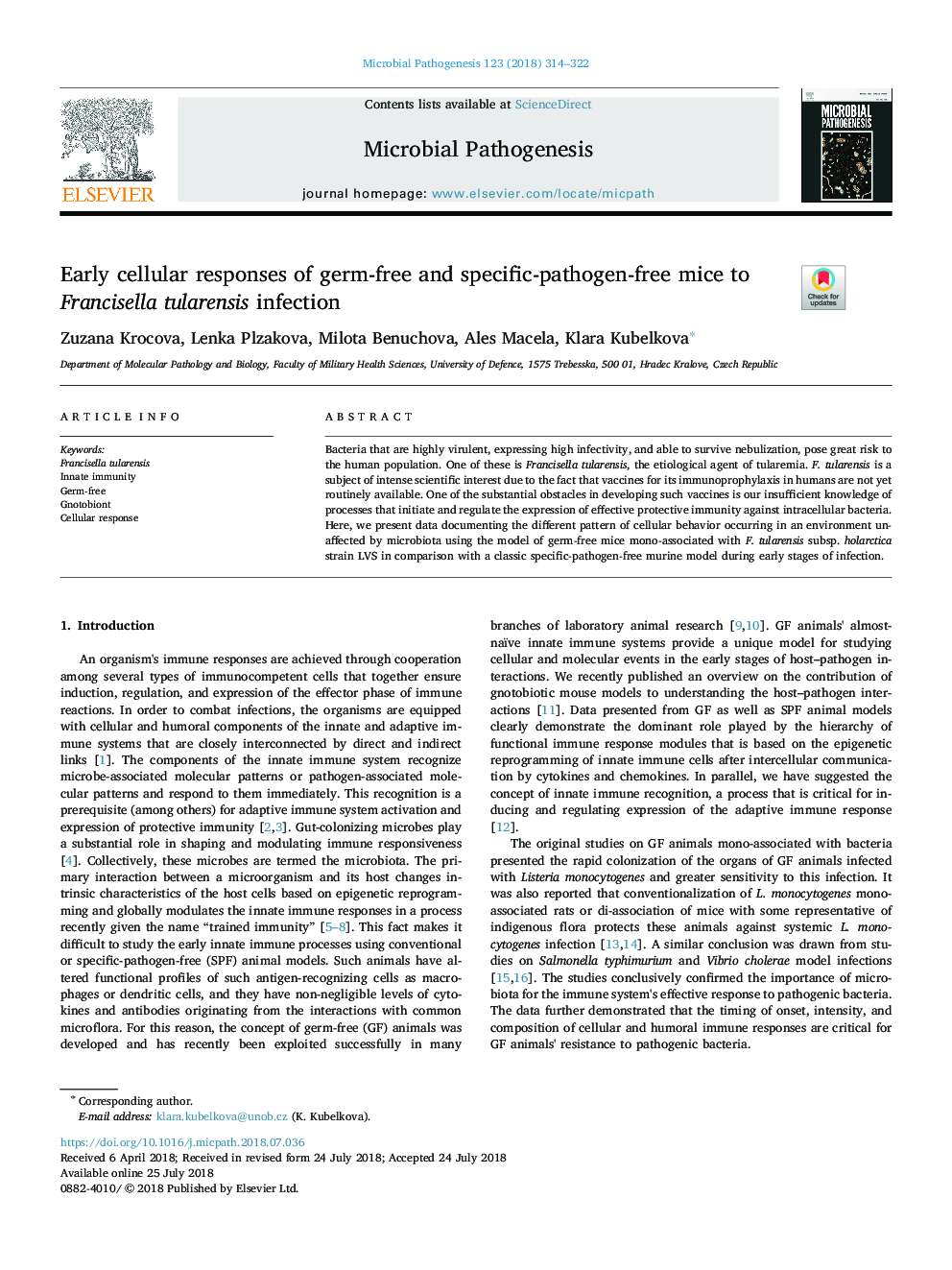 Early cellular responses of germ-free and specific-pathogen-free mice to Francisella tularensis infection