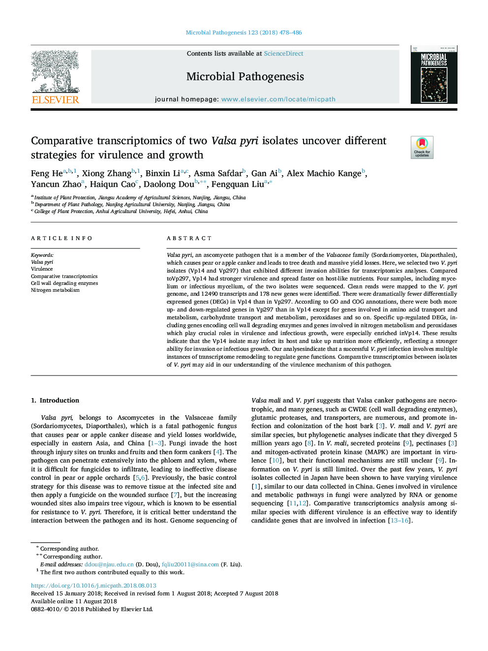 Comparative transcriptomics of two Valsa pyri isolates uncover different strategies for virulence and growth