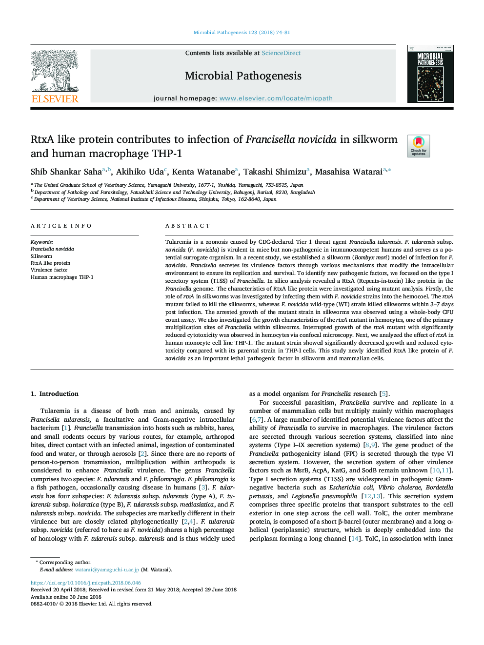 عکس صفحه اول مقاله: RtxA like protein contributes to infection of Francisella novicida in silkworm and human macrophage THP-1 RtxA like protein contributes to infection of Francisella novicida in silkworm and human macrophage THP-1