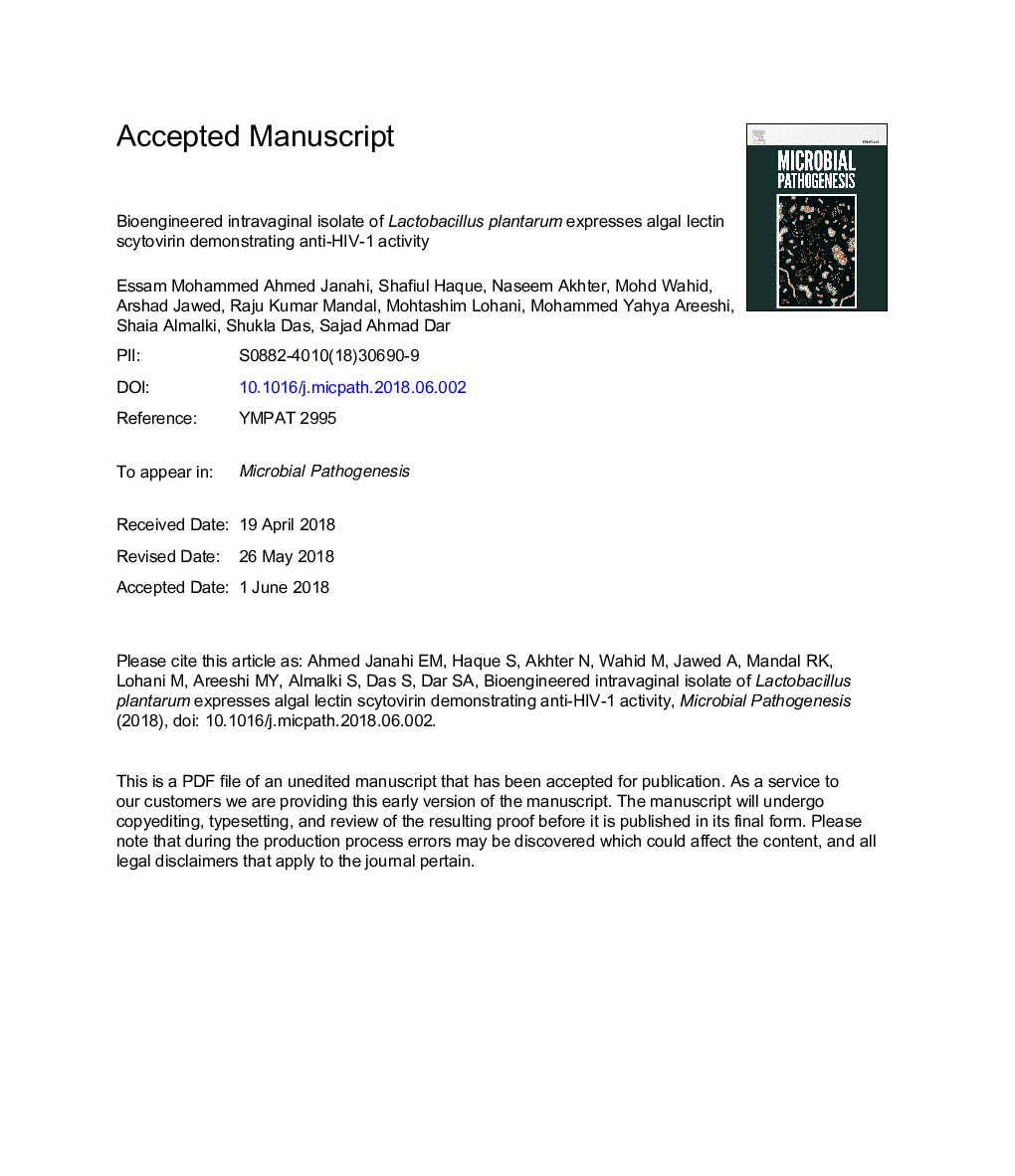 Bioengineered intravaginal isolate of Lactobacillus plantarum expresses algal lectin scytovirin demonstrating anti-HIV-1 activity