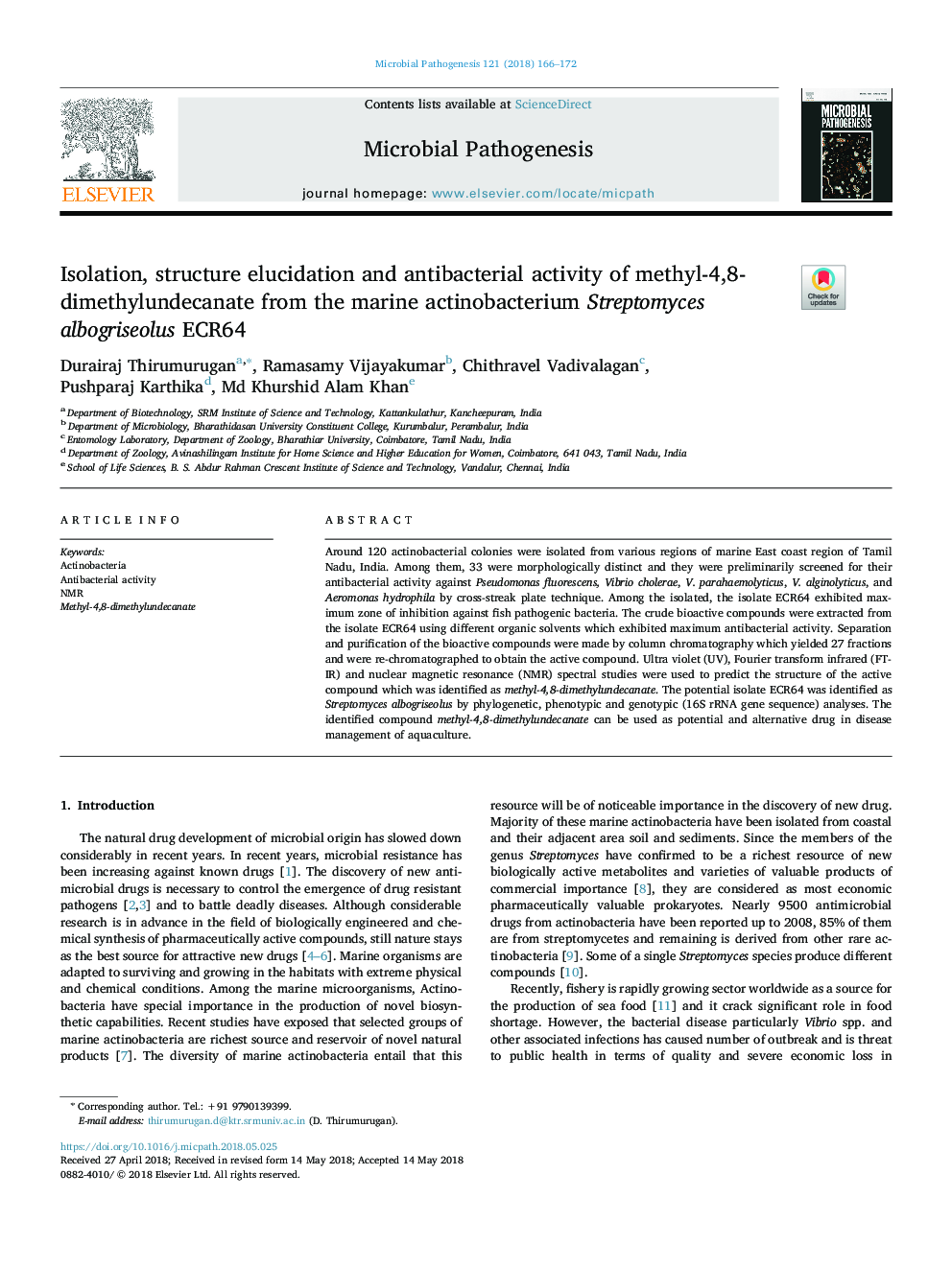 Isolation, structure elucidation and antibacterial activity of methyl-4,8-dimethylundecanate from the marine actinobacterium Streptomyces albogriseolus ECR64