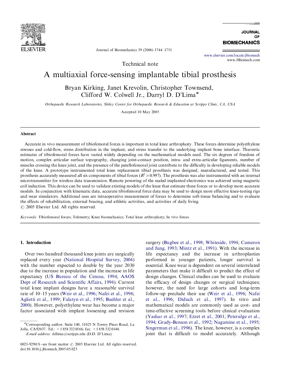 A multiaxial force-sensing implantable tibial prosthesis