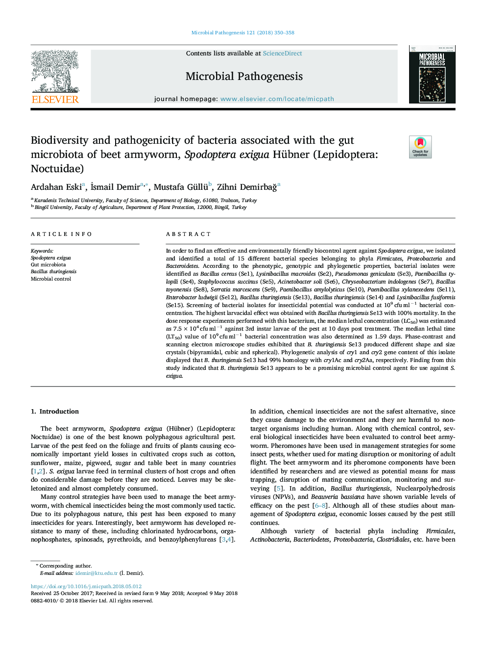 Biodiversity and pathogenicity of bacteria associated with the gut microbiota of beet armyworm, Spodoptera exigua Hübner (Lepidoptera: Noctuidae)