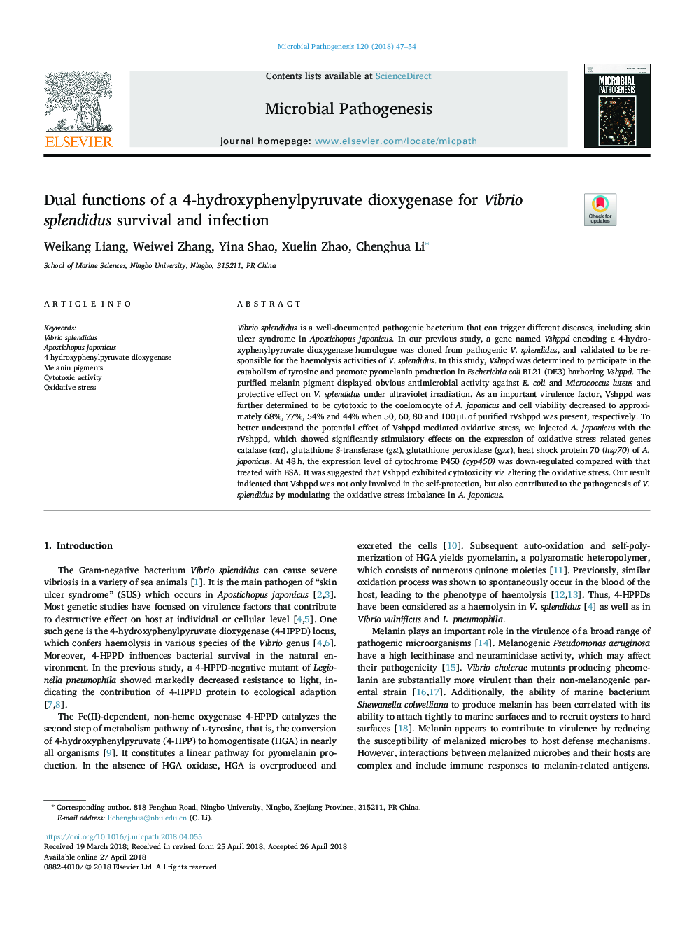 Dual functions of a 4-hydroxyphenylpyruvate dioxygenase for Vibrio splendidus survival and infection