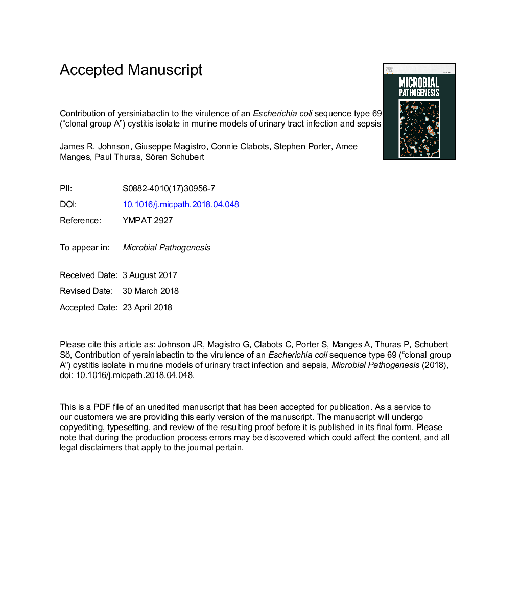 Contribution of yersiniabactin to the virulence of an Escherichia coli sequence type 69 (“clonal group A”) cystitis isolate in murine models of urinary tract infection and sepsis