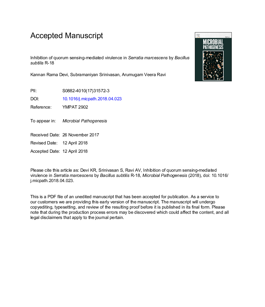 Inhibition of quorum sensing-mediated virulence in Serratia marcescens by Bacillus subtilis R-18