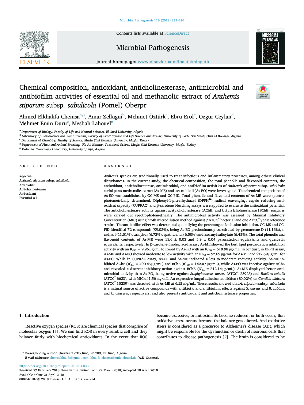 Chemical composition, antioxidant, anticholinesterase, antimicrobial and antibiofilm activities of essential oil and methanolic extract of Anthemis stiparum subsp. sabulicola (Pomel) Oberpr