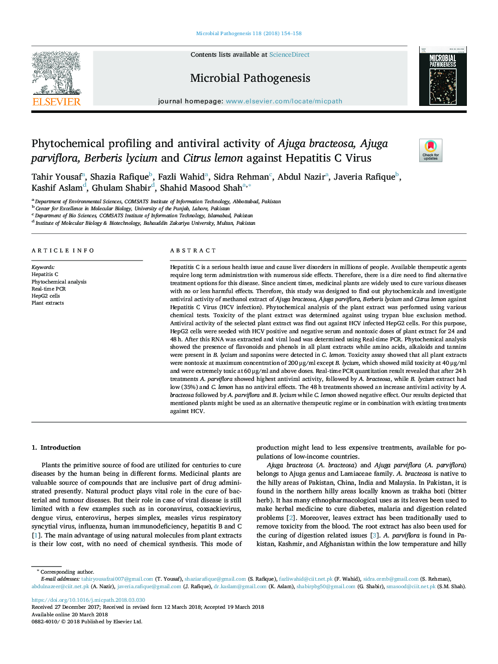 Phytochemical profiling and antiviral activity of Ajuga bracteosa, Ajuga parviflora, Berberis lycium and Citrus lemon against Hepatitis C Virus