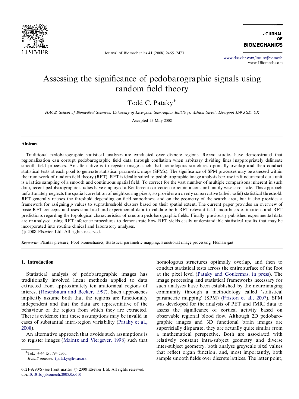 Assessing the significance of pedobarographic signals using random field theory