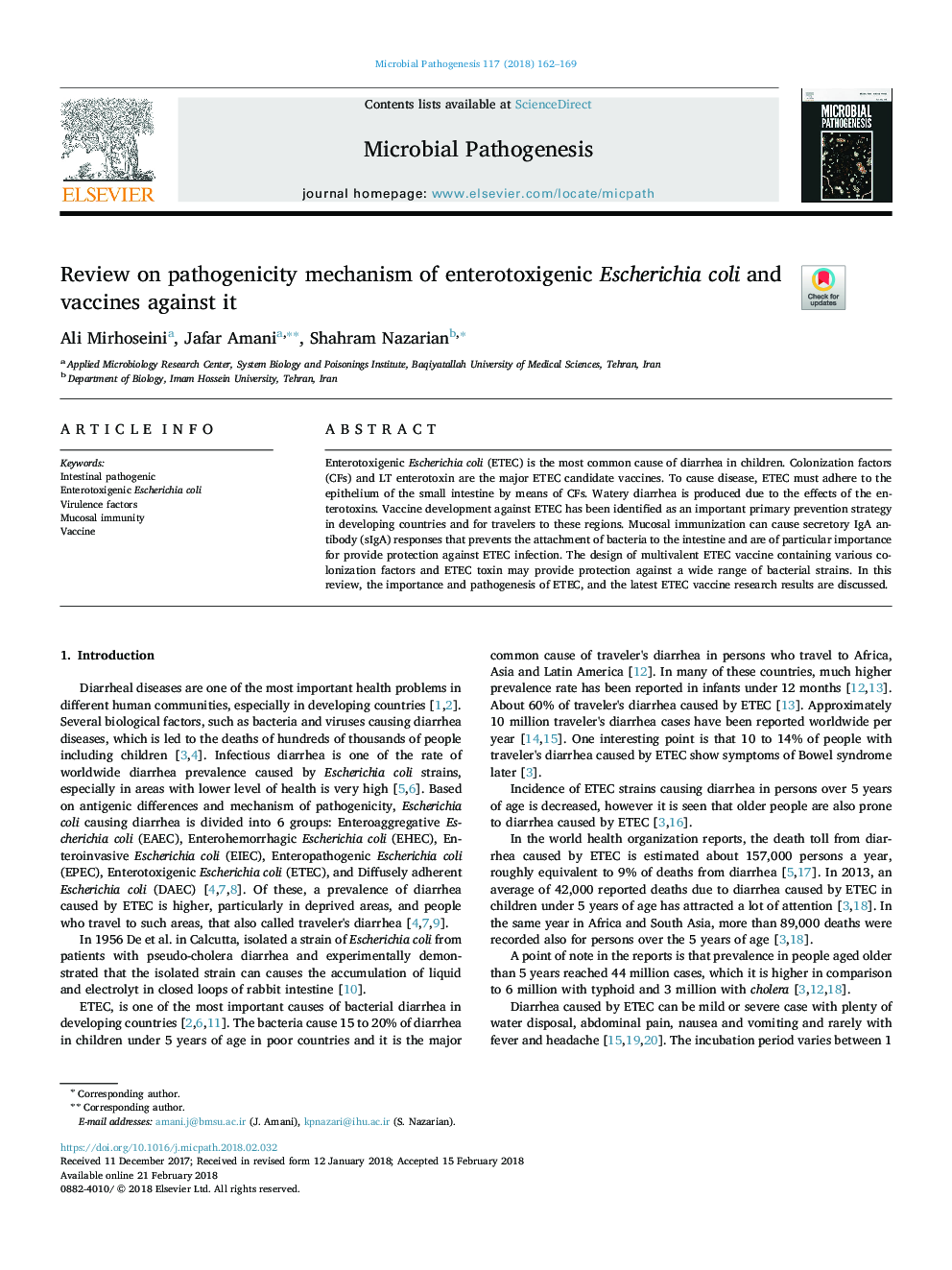 Review on pathogenicity mechanism of enterotoxigenic Escherichia coli and vaccines against it