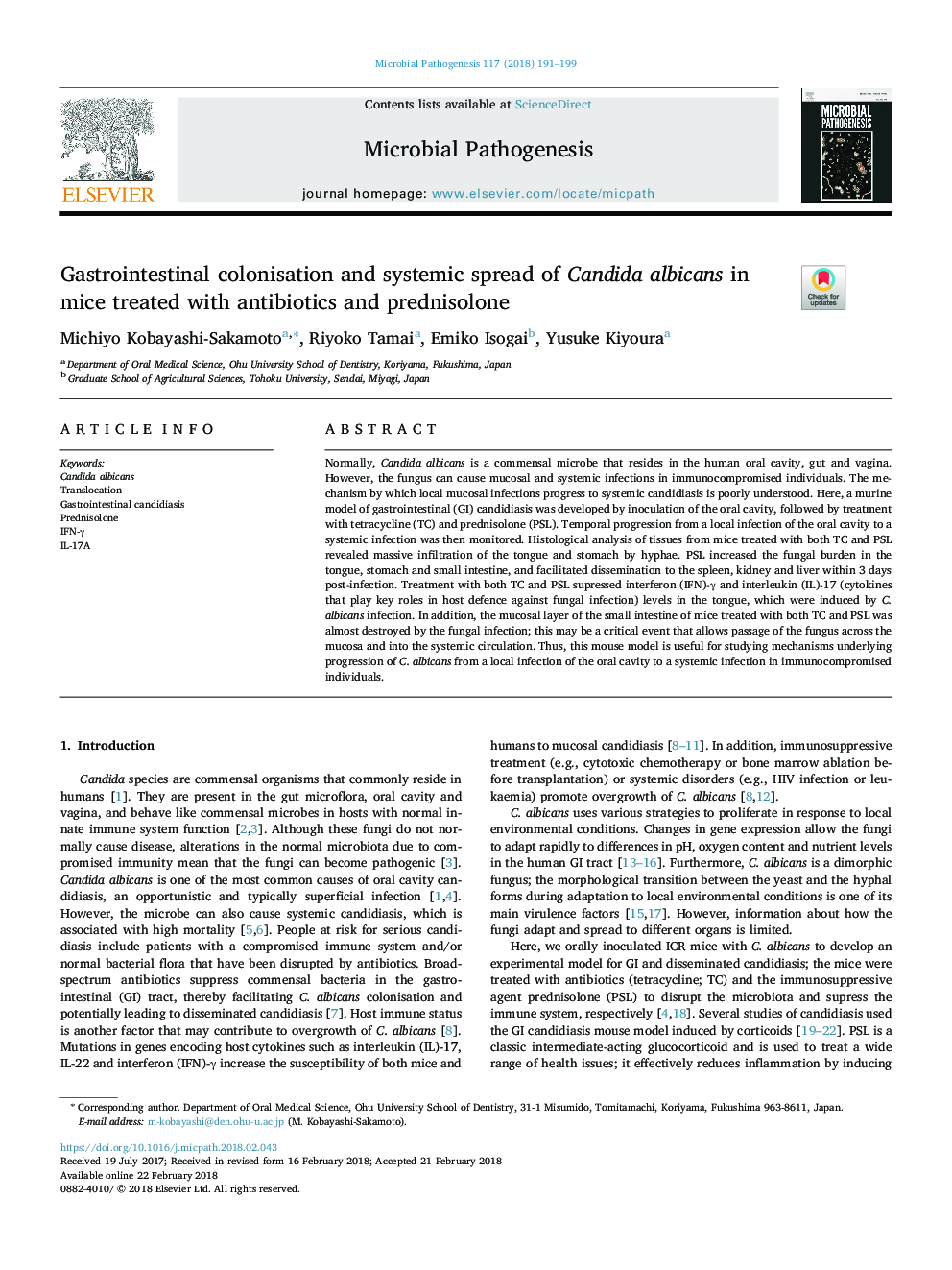 Gastrointestinal colonisation and systemic spread of Candida albicans in mice treated with antibiotics and prednisolone