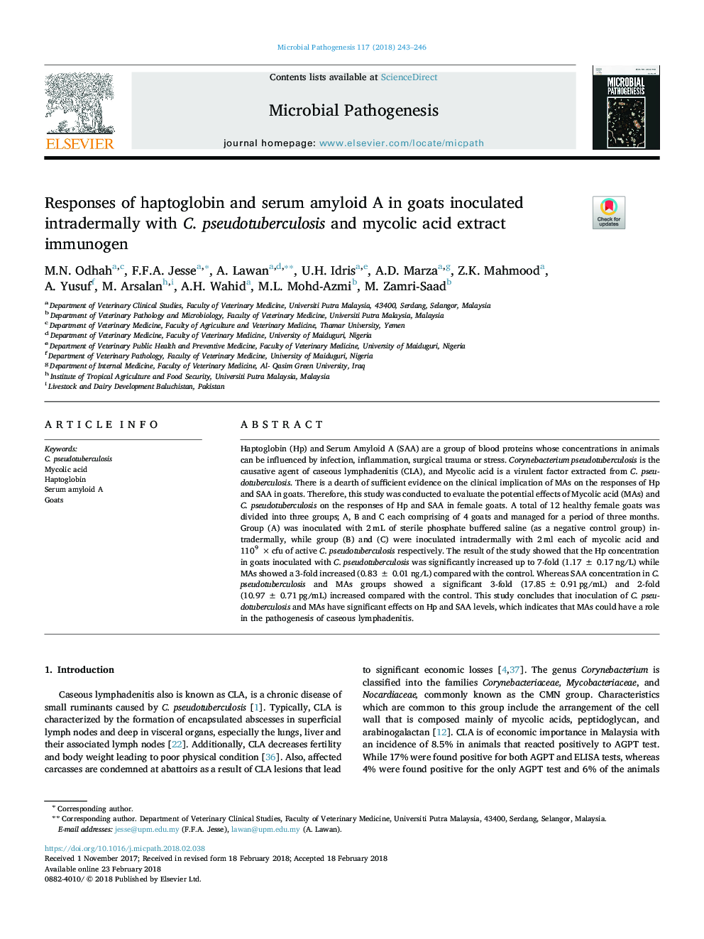 Responses of haptoglobin and serum amyloid A in goats inoculated intradermally with C. pseudotuberculosis and mycolic acid extract immunogen