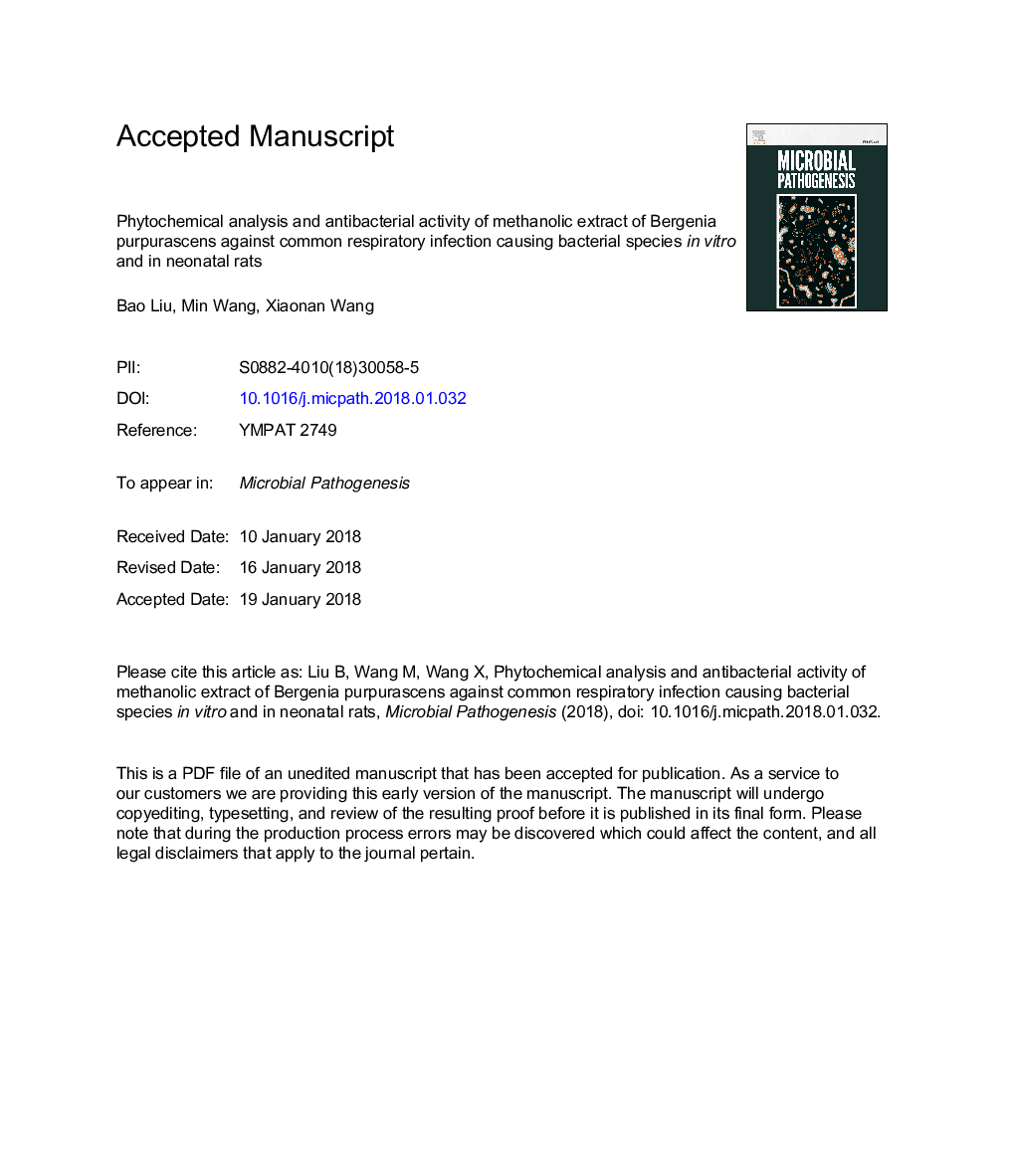 Phytochemical analysis and antibacterial activity of methanolic extract of Bergenia purpurascens against common respiratory infection causing bacterial species in vitro and in neonatal rats