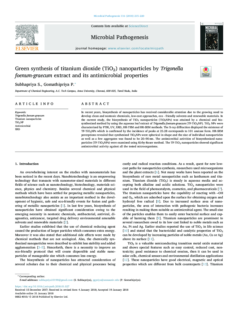 Green synthesis of titanium dioxide (TiO2) nanoparticles by Trigonella foenum-graecum extract and its antimicrobial properties