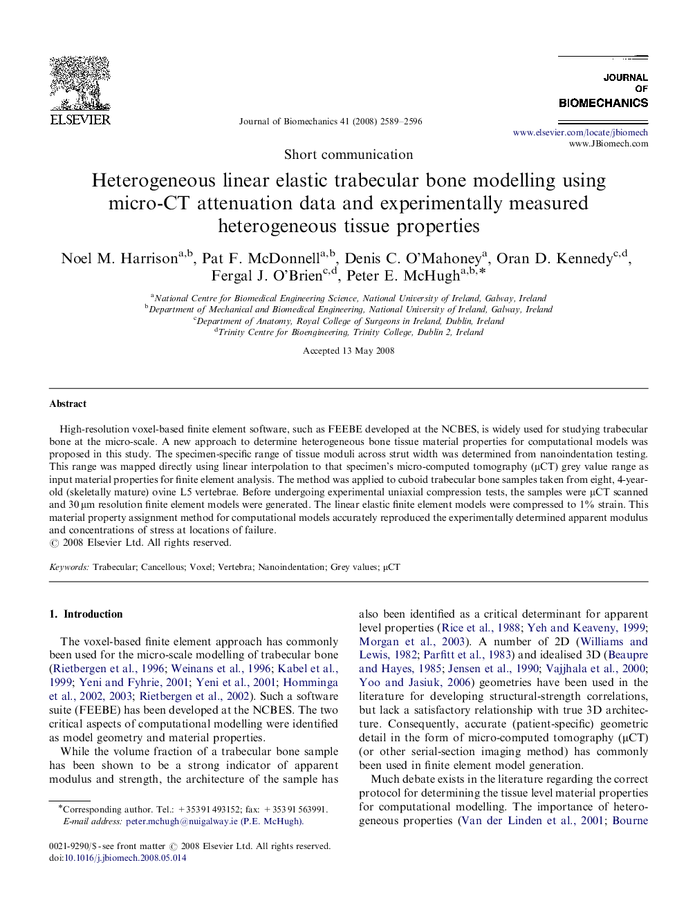 Heterogeneous linear elastic trabecular bone modelling using micro-CT attenuation data and experimentally measured heterogeneous tissue properties