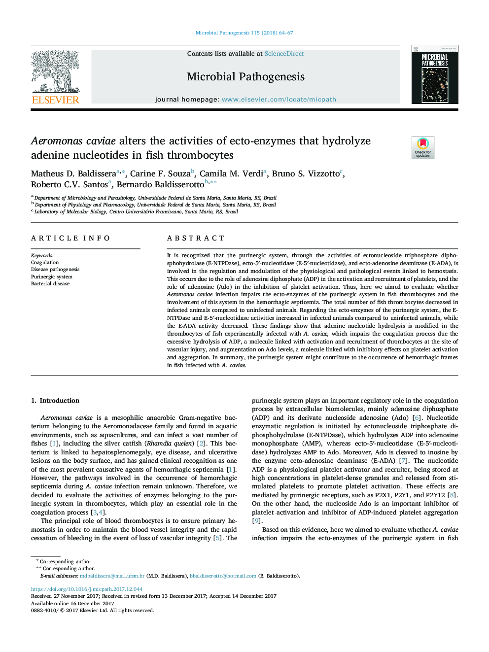 Aeromonas caviae alters the activities of ecto-enzymes that hydrolyze adenine nucleotides in fish thrombocytes