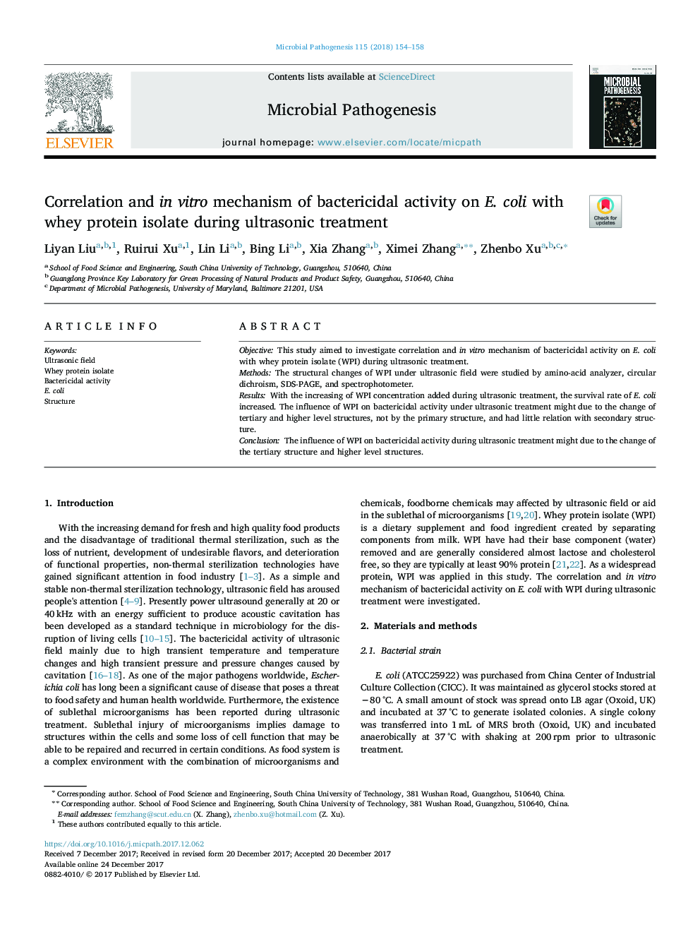 Correlation and in vitro mechanism of bactericidal activity on E. coli with whey protein isolate during ultrasonic treatment