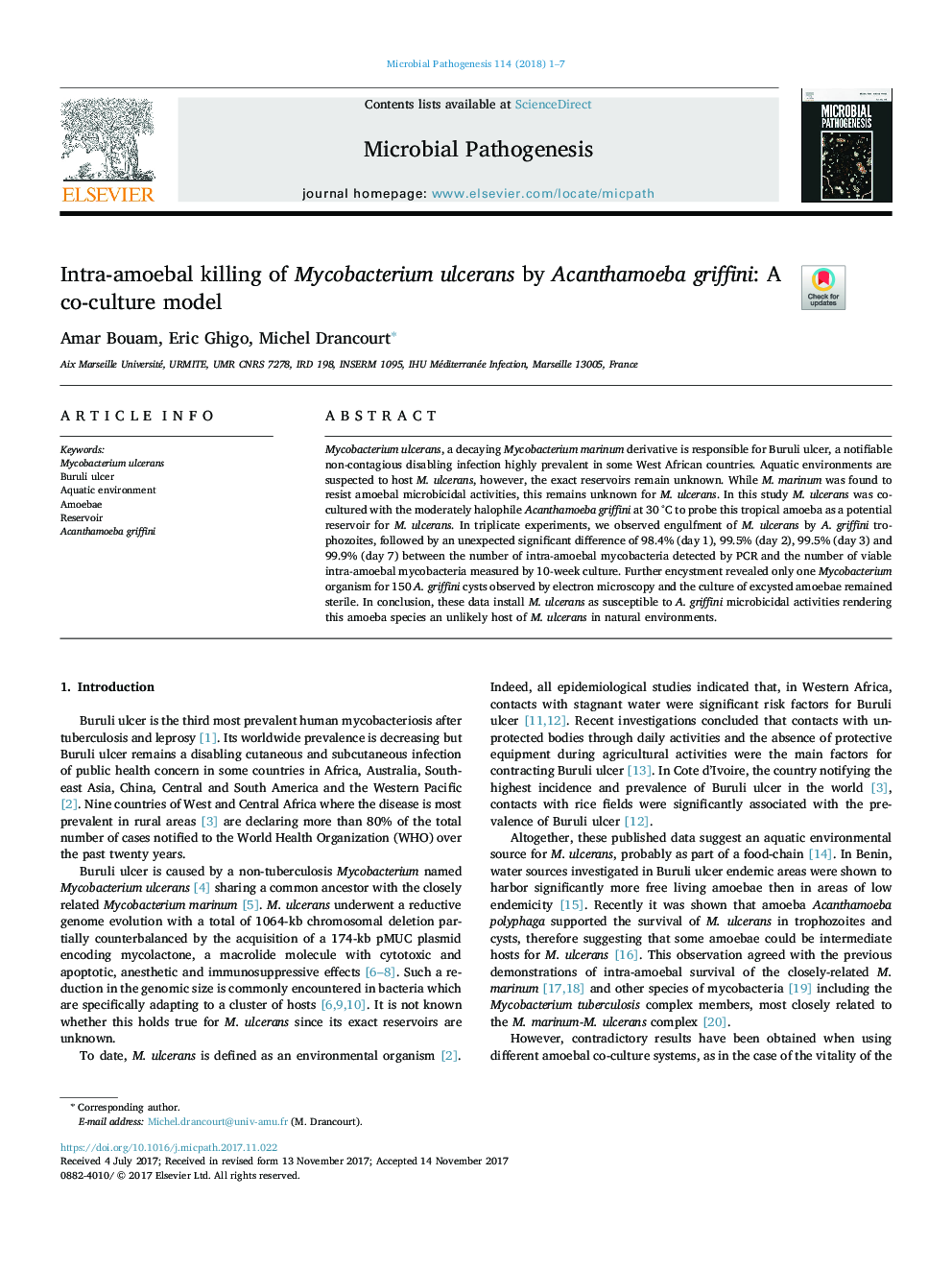 Intra-amoebal killing of Mycobacterium ulcerans by Acanthamoeba griffini: A co-culture model