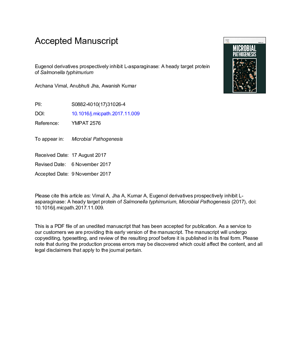 Eugenol derivatives prospectively inhibit l-asparaginase: A heady target protein ofÂ Salmonella typhimurium