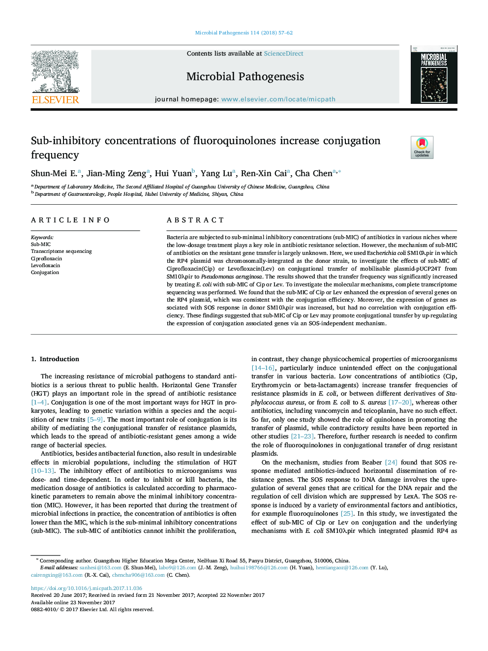 Sub-inhibitory concentrations of fluoroquinolones increase conjugation frequency