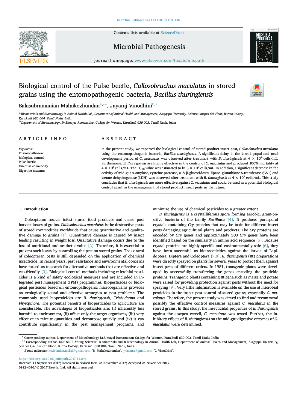 Biological control of the Pulse beetle, Callosobruchus maculatus in stored grains using the entomopathogenic bacteria, Bacillus thuringiensis