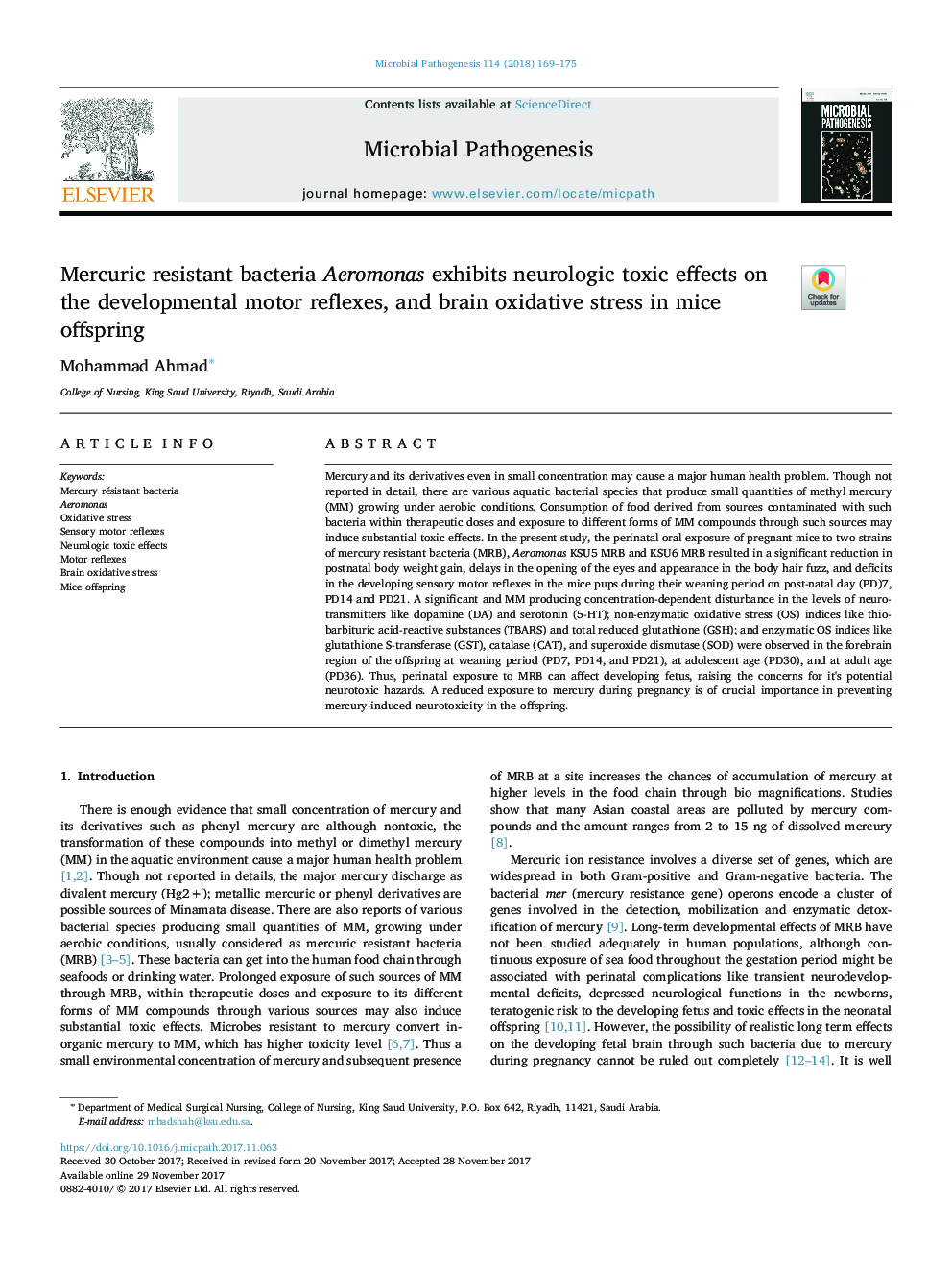 Mercuric resistant bacteria Aeromonas exhibits neurologic toxic effects on the developmental motor reflexes, and brain oxidative stress in mice offspring