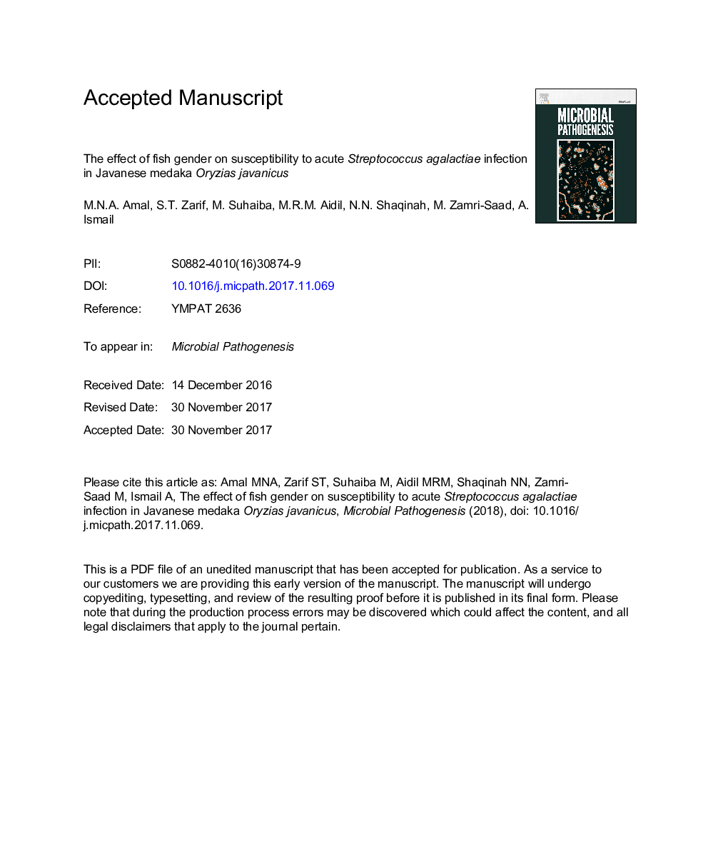 The effects of fish gender on susceptibility to acute Streptococcus agalactiae infection in Javanese medaka Oryzias javanicus