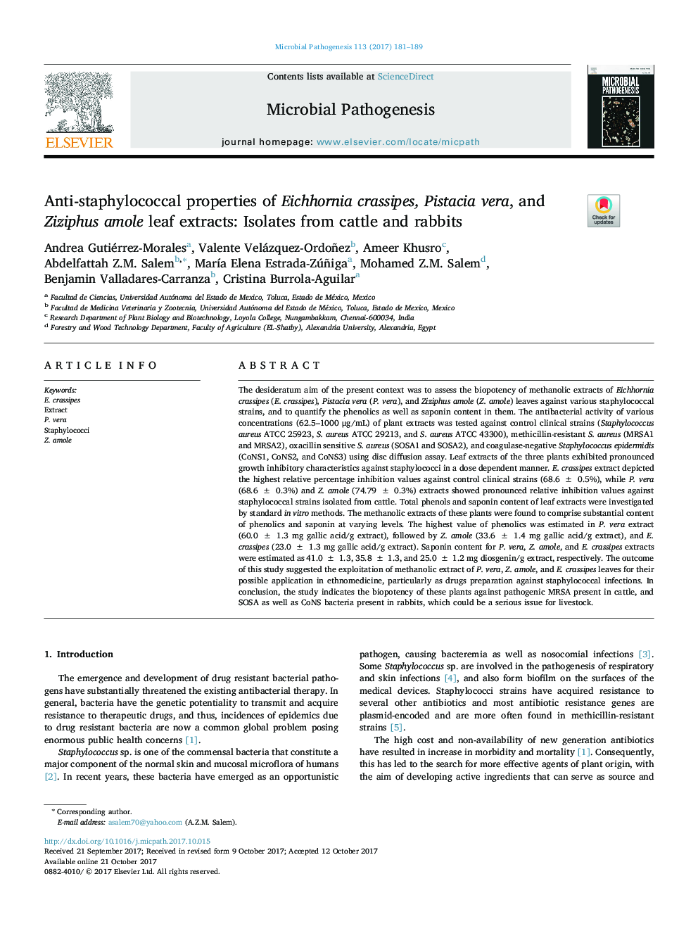 Anti-staphylococcal properties of Eichhornia crassipes, Pistacia vera, and Ziziphus amole leaf extracts: Isolates from cattle and rabbits