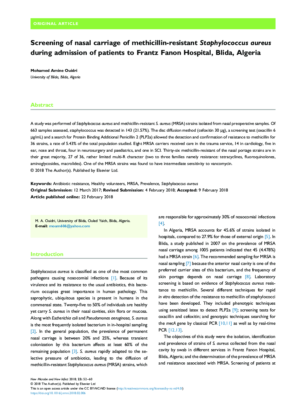 Screening of nasal carriage of methicillin-resistant Staphylococcus aureus during admission of patients to Frantz Fanon Hospital, Blida, Algeria