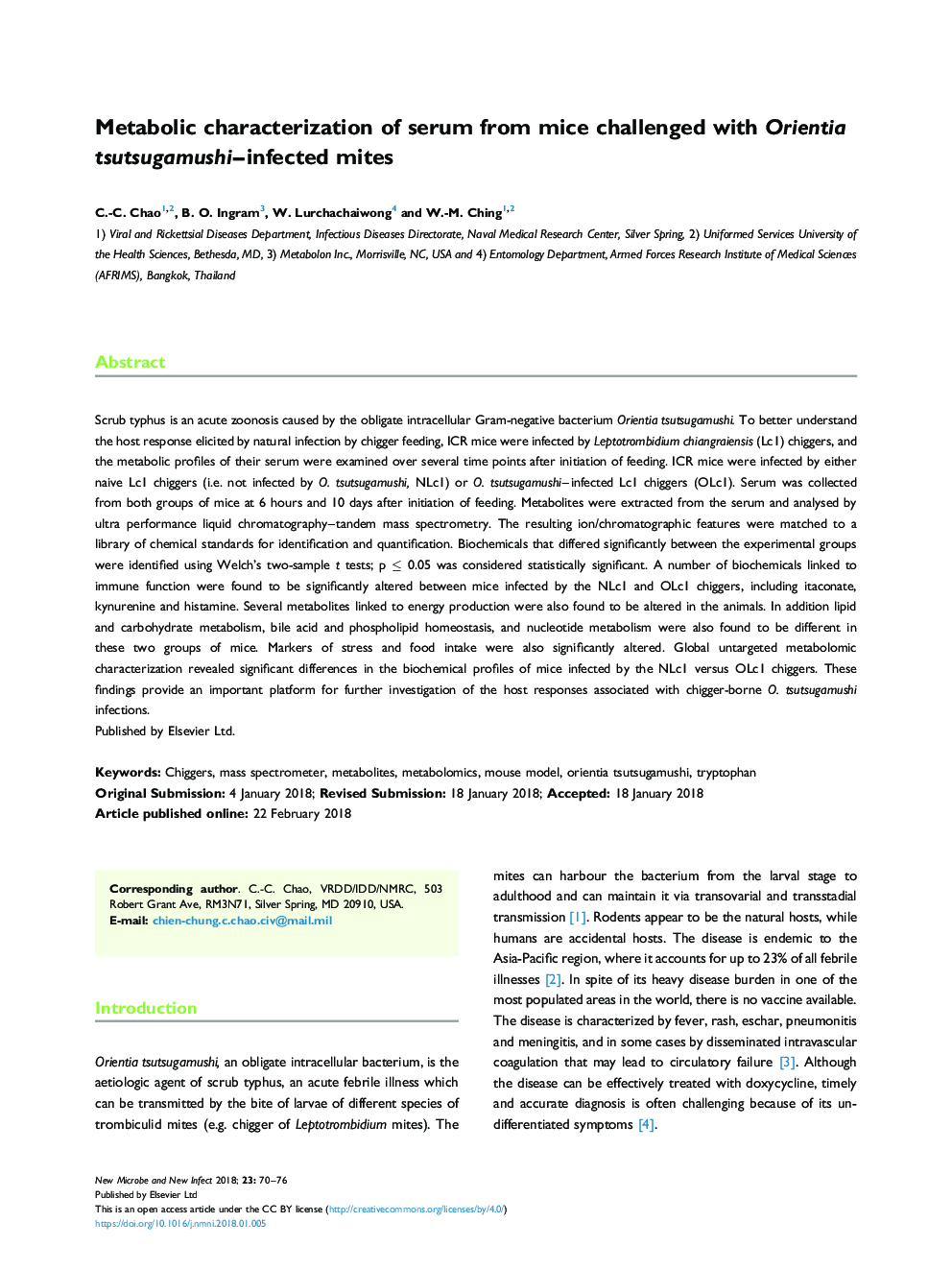 Metabolic characterization of serum from mice challenged with Orientia tsutsugamushi-infected mites