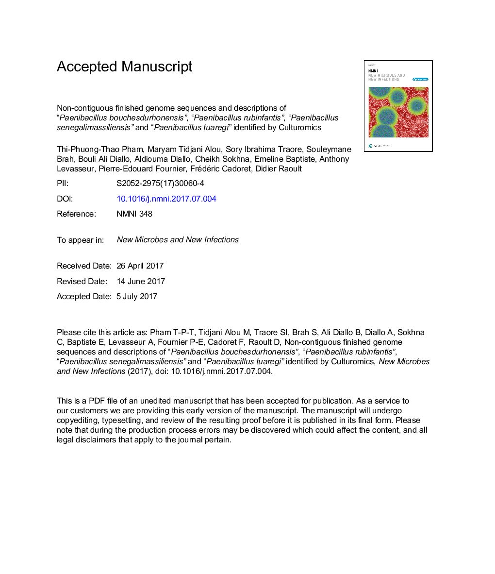 Noncontiguous finished genome sequences and descriptions of 'Paenibacillus bouchesdurhonensis,' 'Paenibacillus rubinfantis,' 'Paenibacillus senegalimassiliensis' and 'Paenibacillus tuaregi' identified by culturomics