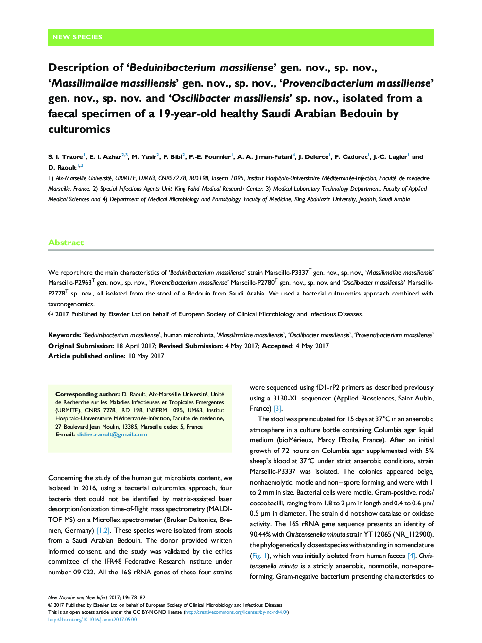 Description of 'Beduinibacterium massiliense' gen. nov., sp. nov., 'Massilimaliae massiliensis' gen. nov., sp. nov., 'Provencibacterium massiliense' gen. nov., sp. nov. and 'Oscilibacter massiliensis' sp. nov., isolated from a faecal specimen of a 19-year