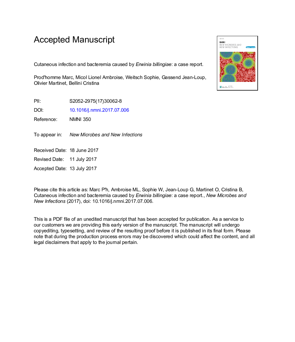 Cutaneous infection and bactaeremia caused by Erwinia billingiae: a case report