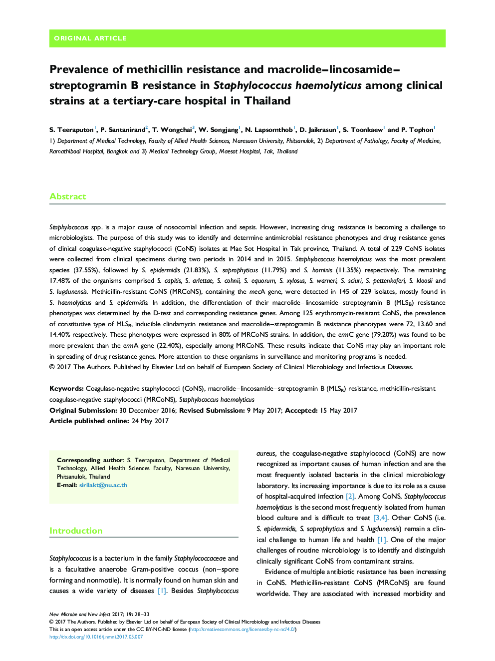 عکس صفحه اول مقاله: Prevalence of methicillin resistance and macrolide-lincosamide-streptogramin B resistance in Staphylococcus haemolyticus among clinical strains at a tertiary-care hospital in Thailand Prevalence of methicillin resistance and macrolide-lincosamide-streptogramin B resistance in Staphylococcus haemolyticus among clinical strains at a tertiary-care hospital in Thailand