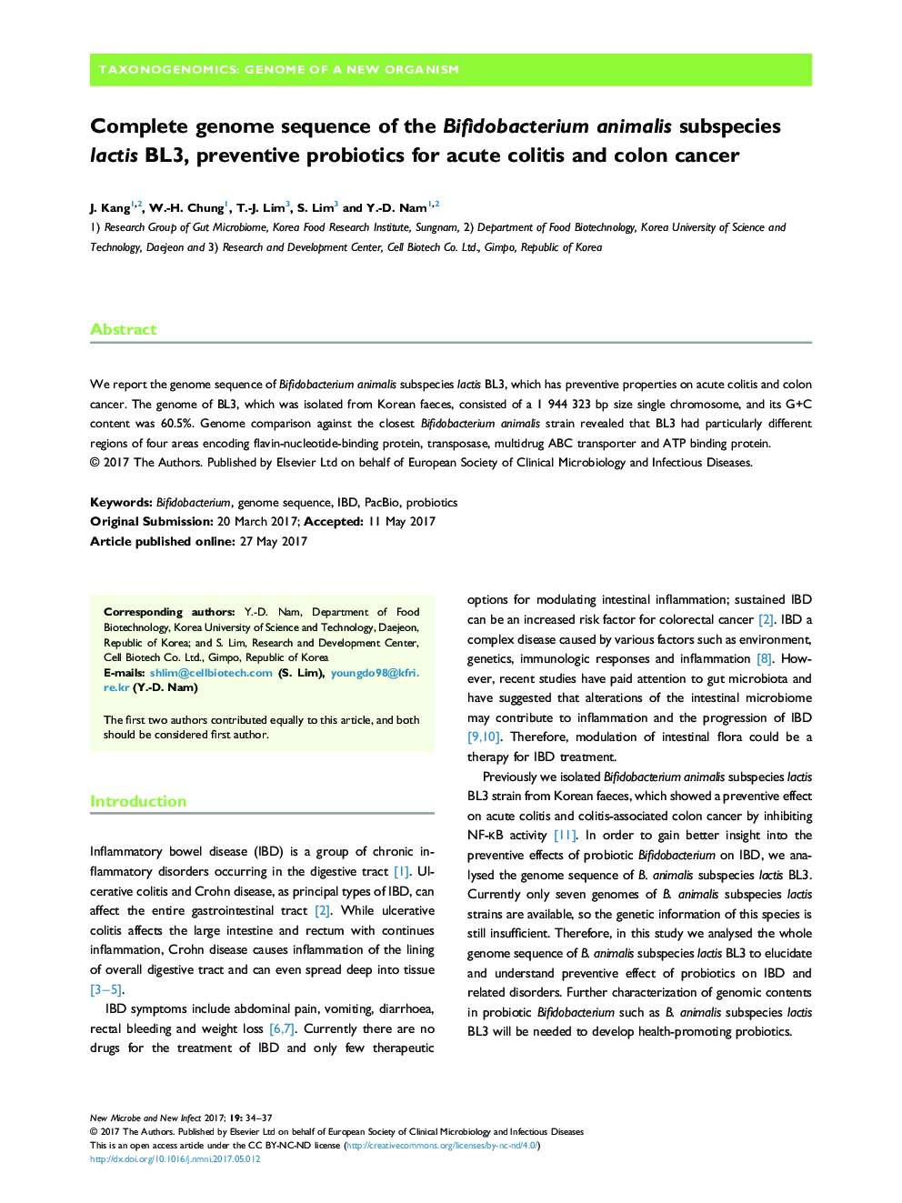 Complete genome sequence of the Bifidobacterium animalis subspecies lactis BL3, preventive probiotics for acute colitis and colon cancer