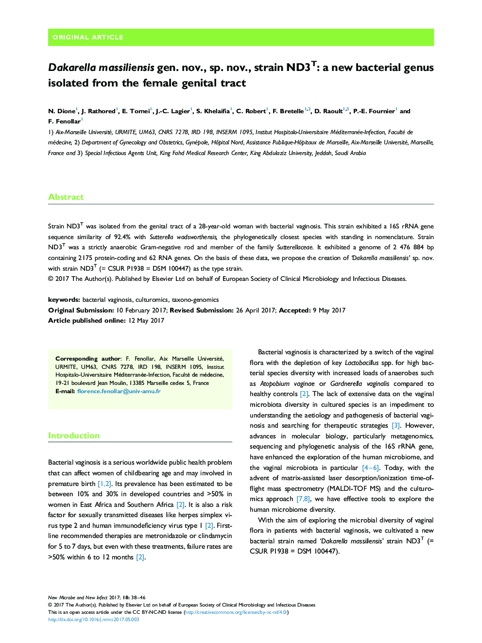 Dakarella massiliensis gen. nov., sp. nov., strain ND3T: a new bacterial genus isolated from the female genital tract