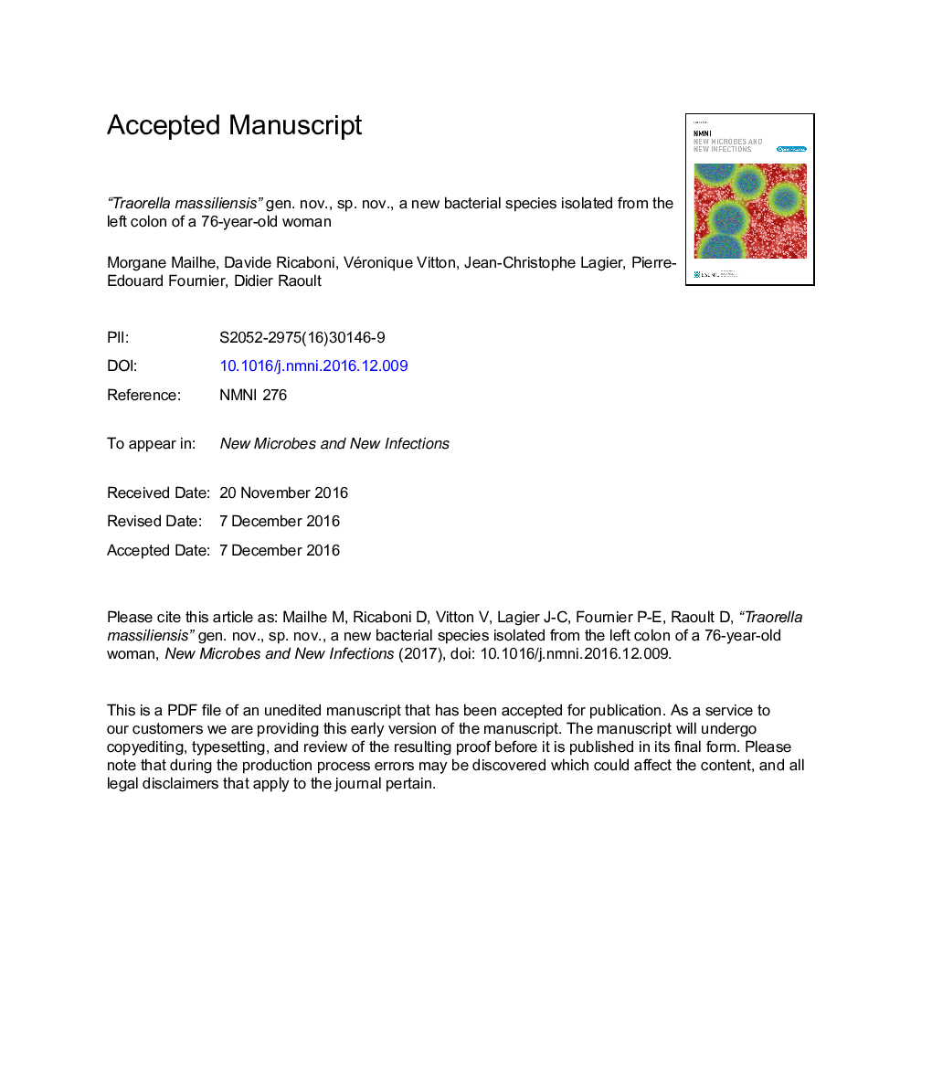 'Traorella massiliensis' gen. nov., sp. nov., a new bacterial species isolated from the left colon of a 76-year-old woman