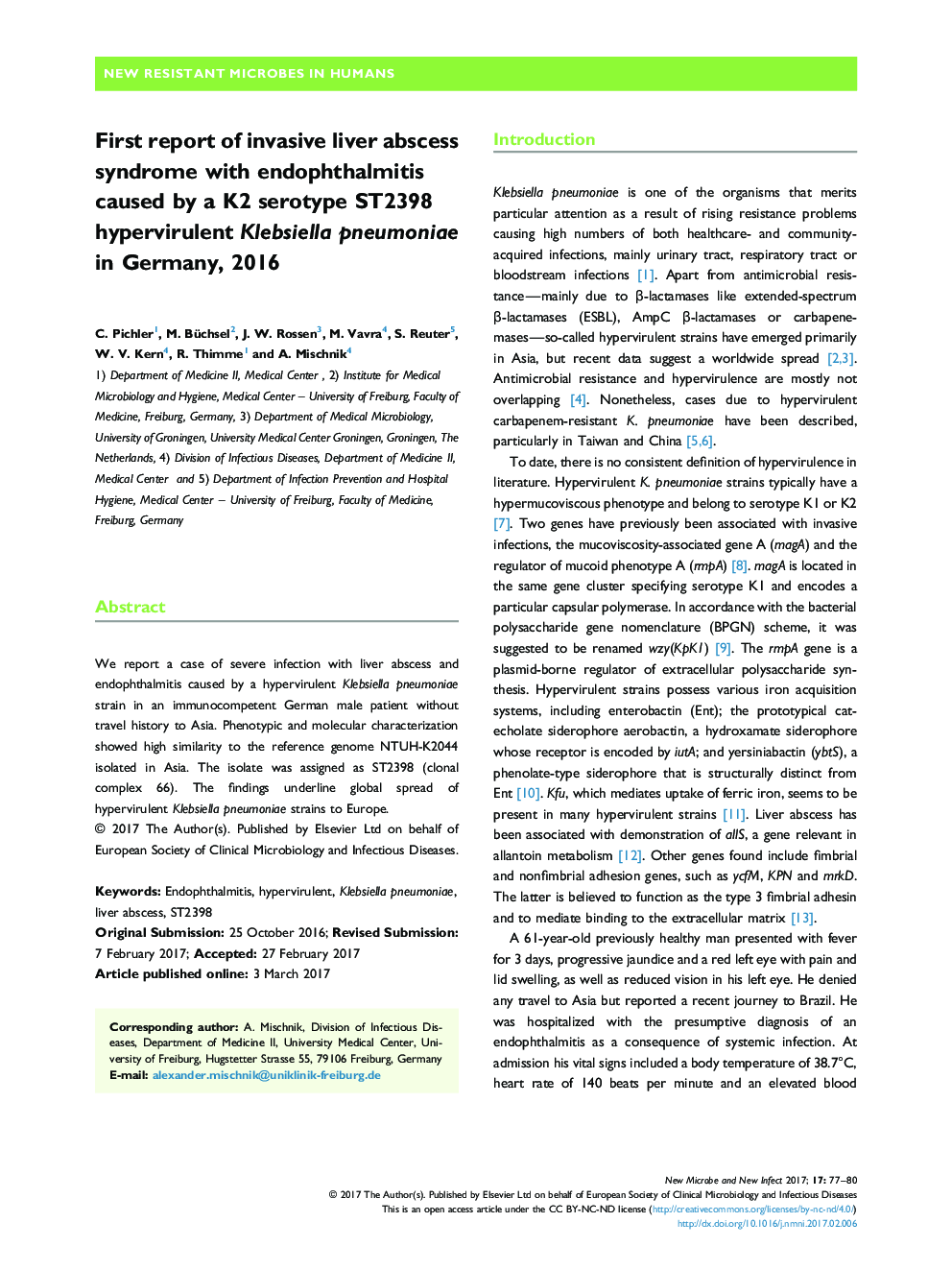 First report of invasive liver abscess syndrome with endophthalmitis caused by a K2 serotype ST2398 hypervirulent Klebsiella pneumoniae in Germany, 2016