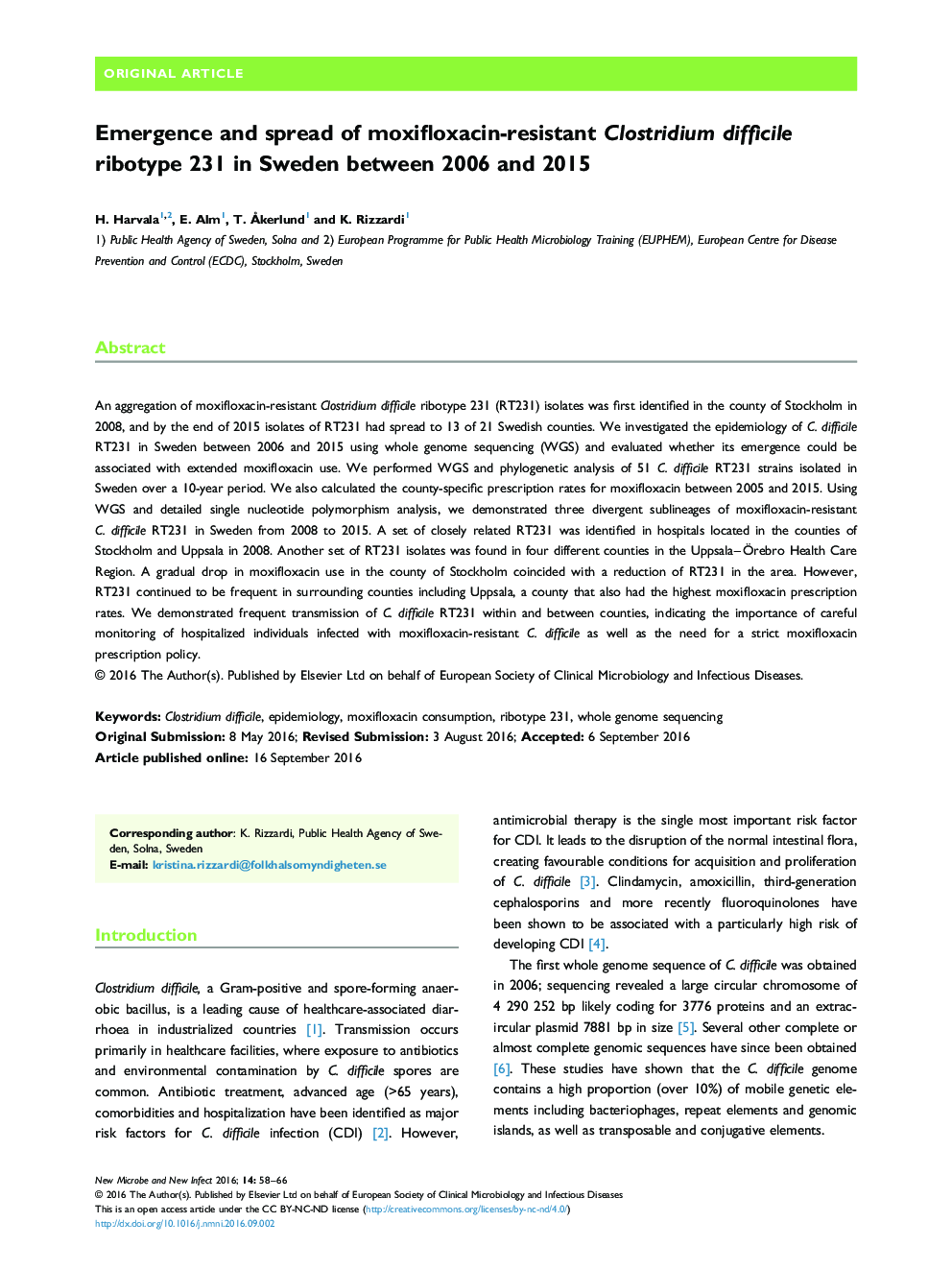 ظهور و گسترش مقاوم در برابر مکسیفلوکساسین مقاوم به کلستریدیوم دیفیسیل ریبوتیپ 231 در سوئد بین سالهای 2006 و 2015 