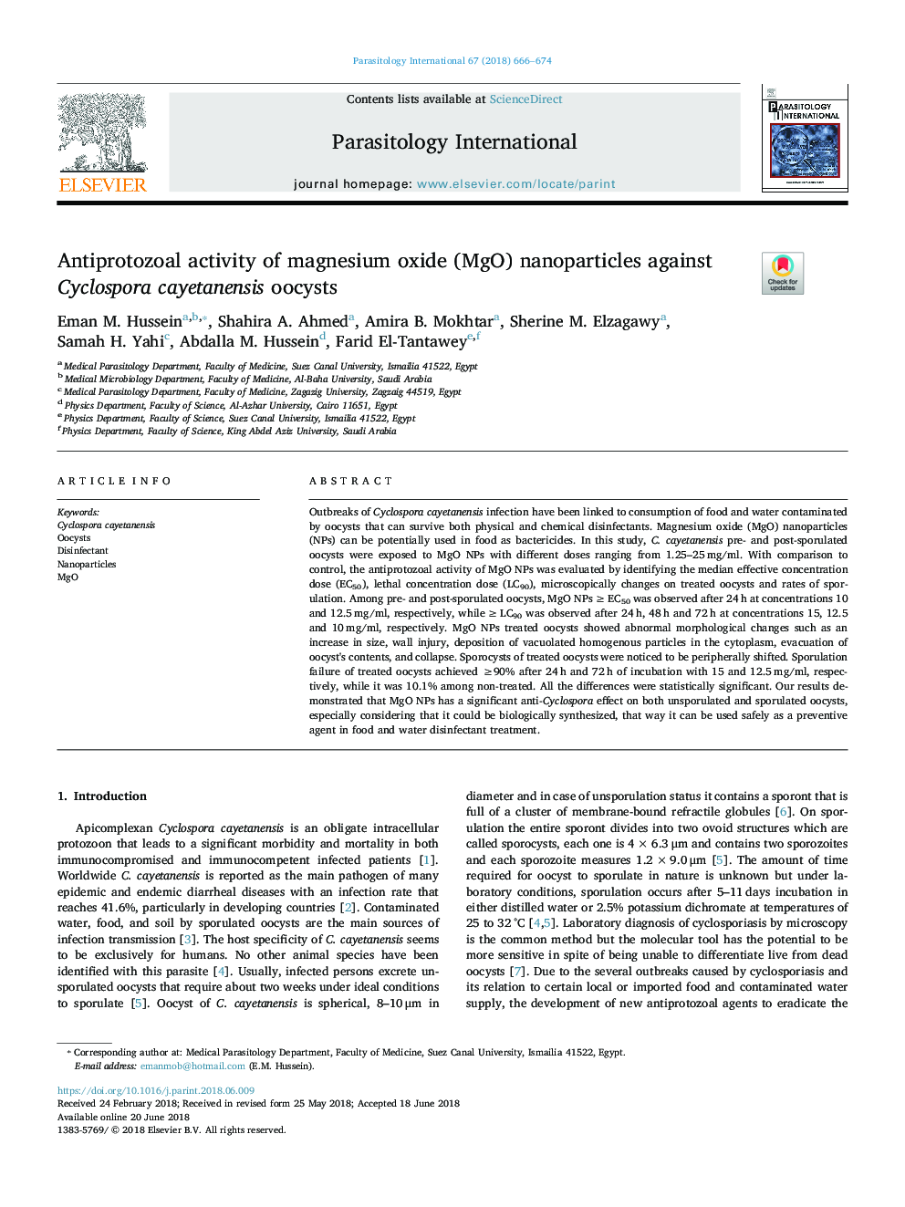 Antiprotozoal activity of magnesium oxide (MgO) nanoparticles against Cyclospora cayetanensis oocysts