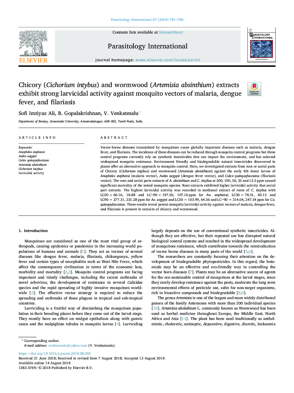 Chicory (Cichorium intybus) and wormwood (Artemisia absinthium) extracts exhibit strong larvicidal activity against mosquito vectors of malaria, dengue fever, and filariasis