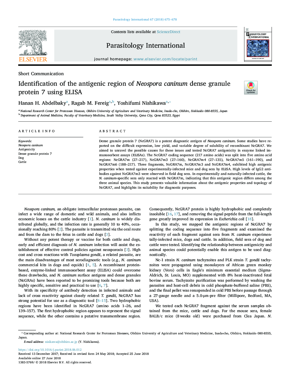 Identification of the antigenic region of Neospora caninum dense granule protein 7 using ELISA