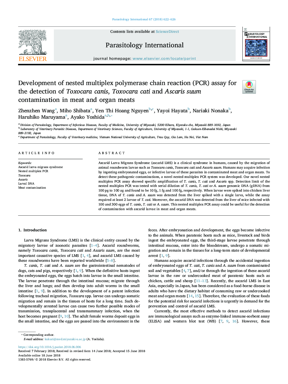 Development of nested multiplex polymerase chain reaction (PCR) assay for the detection of Toxocara canis, Toxocara cati and Ascaris suum contamination in meat and organ meats