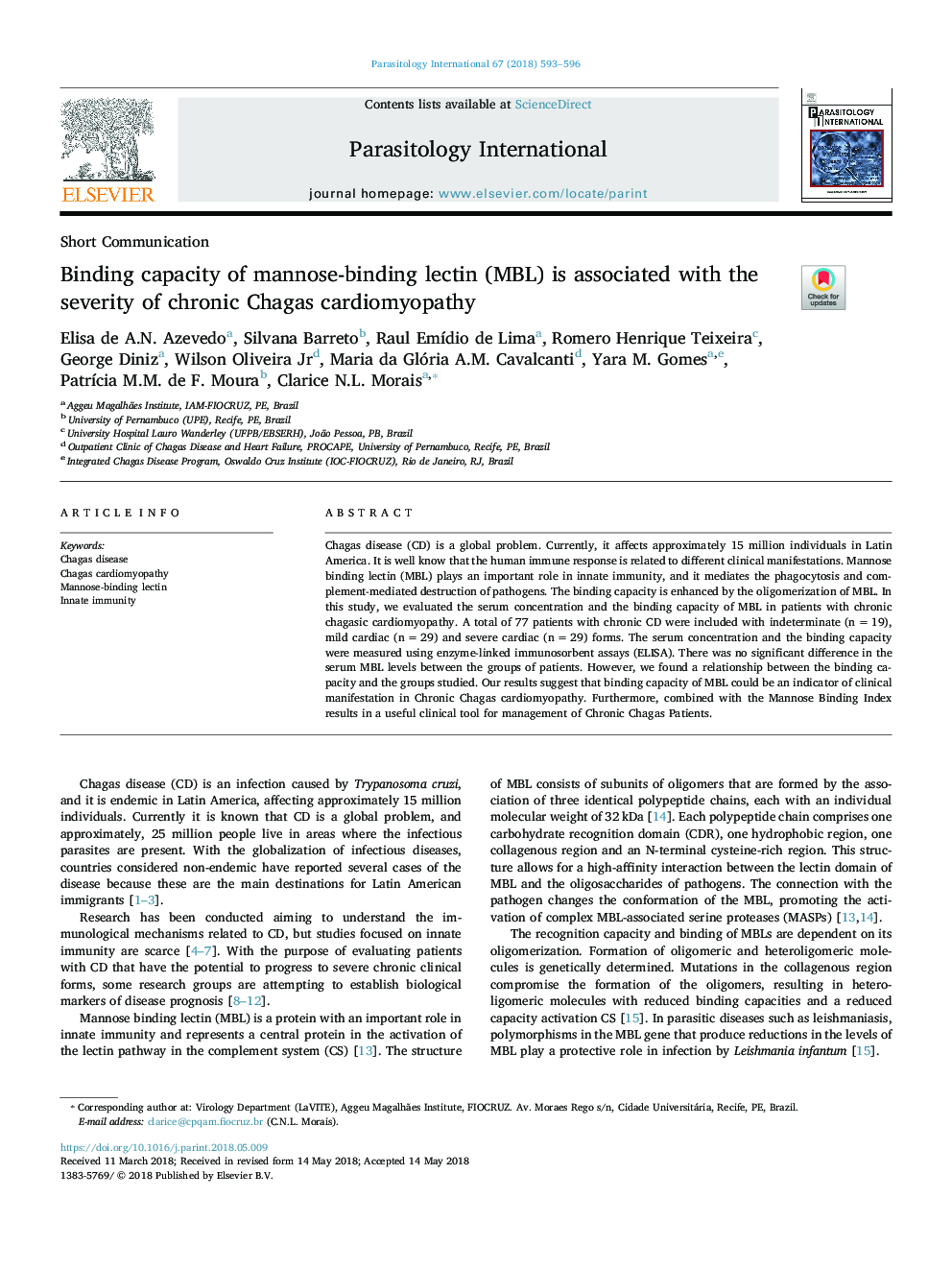 Binding capacity of mannose-binding lectin (MBL) is associated with the severity of chronic Chagas cardiomyopathy