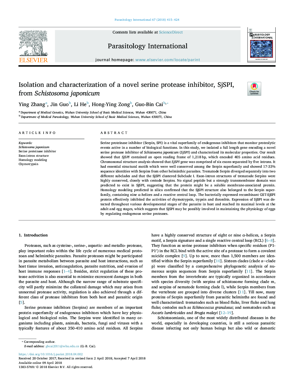 Isolation and characterization of a novel serine protease inhibitor, SjSPI, from Schistosoma japonicum